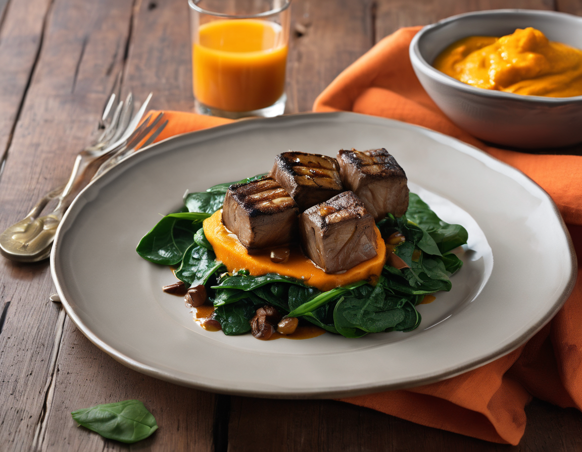 Cordero a la Parrilla con Puré de Calabaza y Espinacas