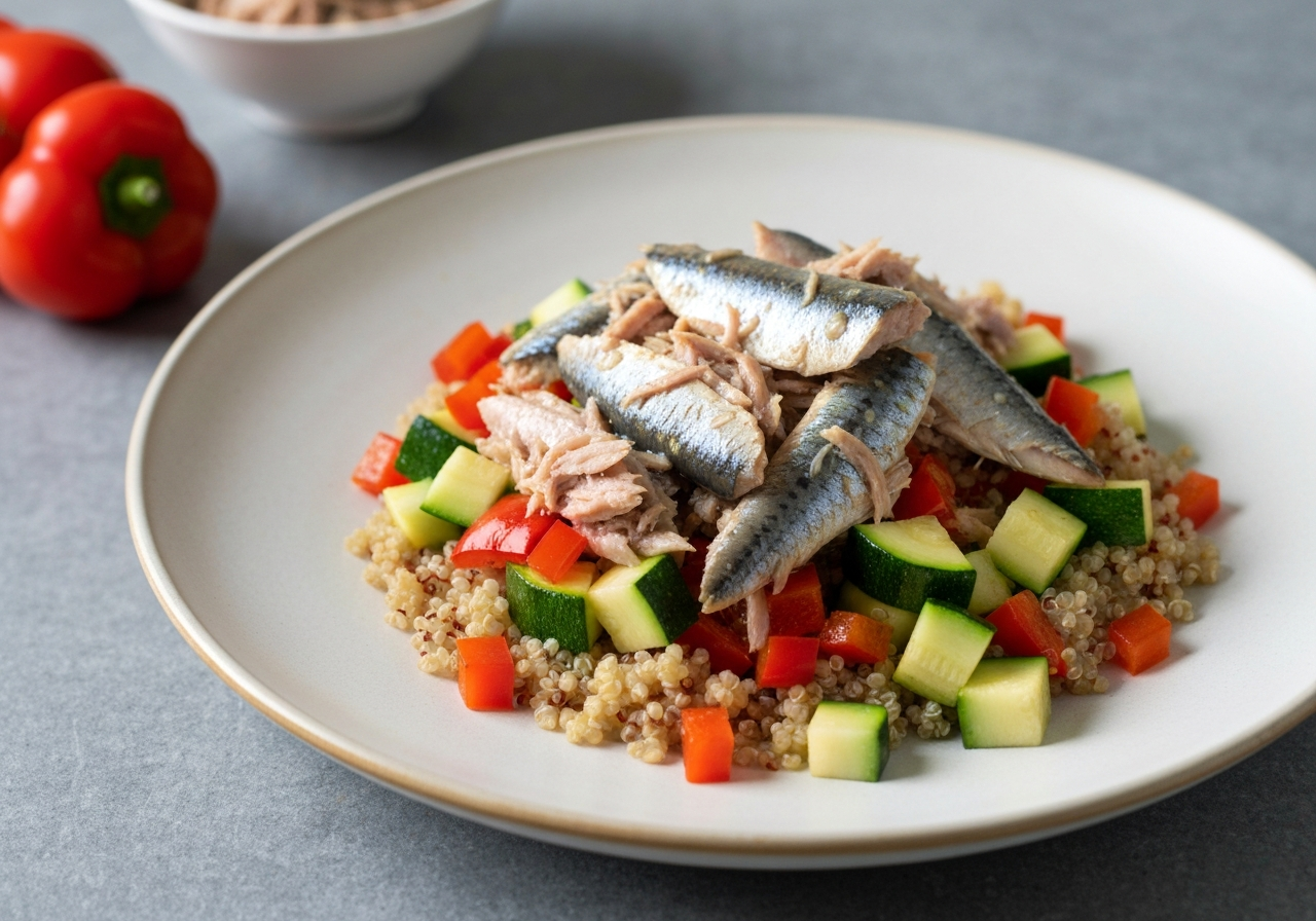 Ensalada Mediterránea de Sardinas con Quinoa y Verduras Asadas