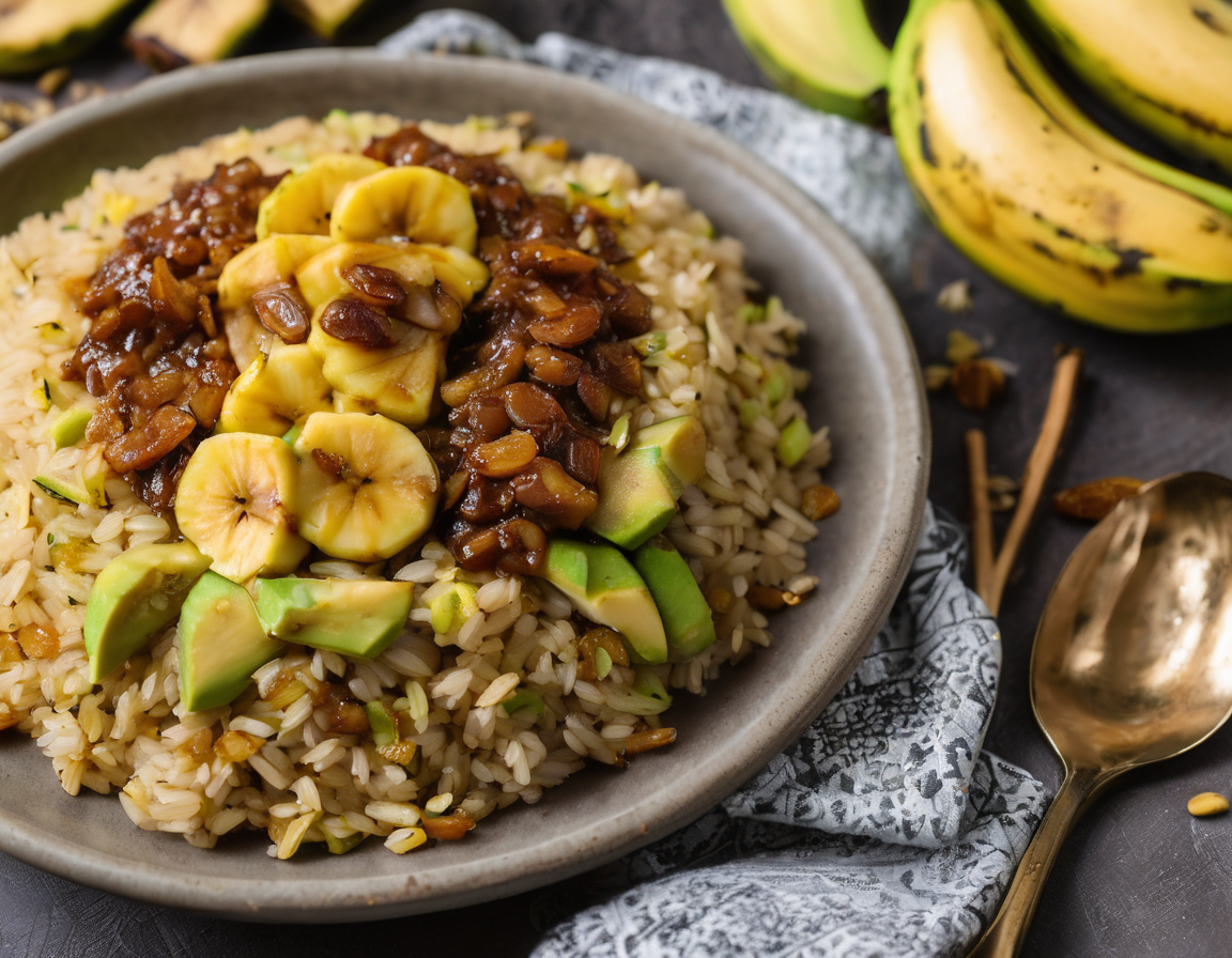 Arroz con Plátano Asado y Salsa de Aguacate