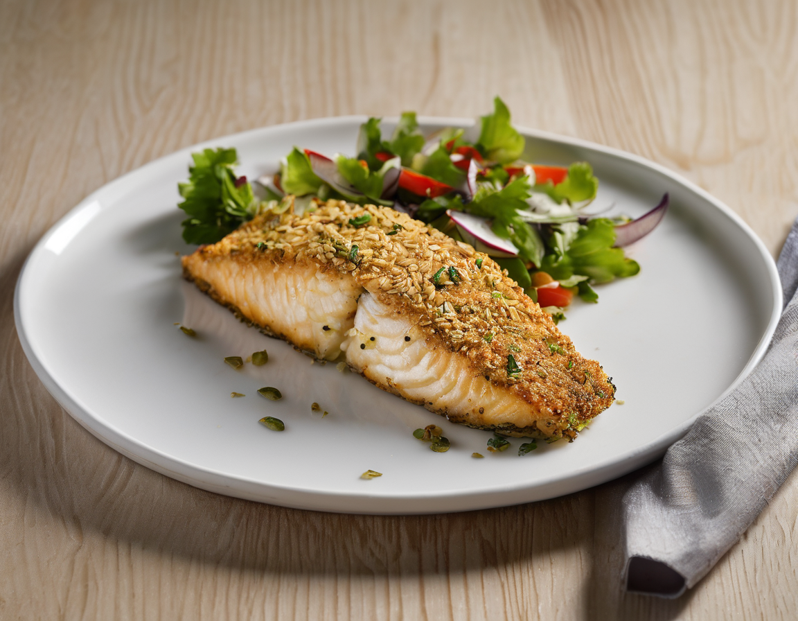 Pescado al Horno con Costra de Avena y Ensalada de Verduras