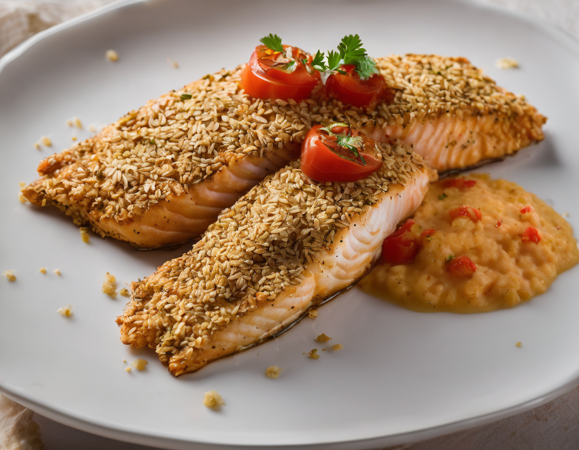 Pescado al Horno con Costra de Avena y Salsa de Tomate