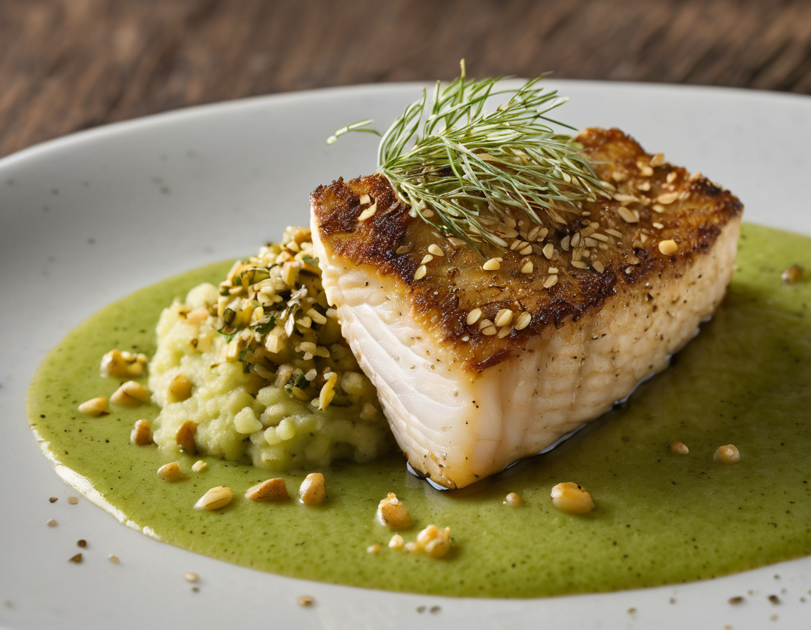 Filete de Pescado con Costra de Avena y Puré de Calabacín