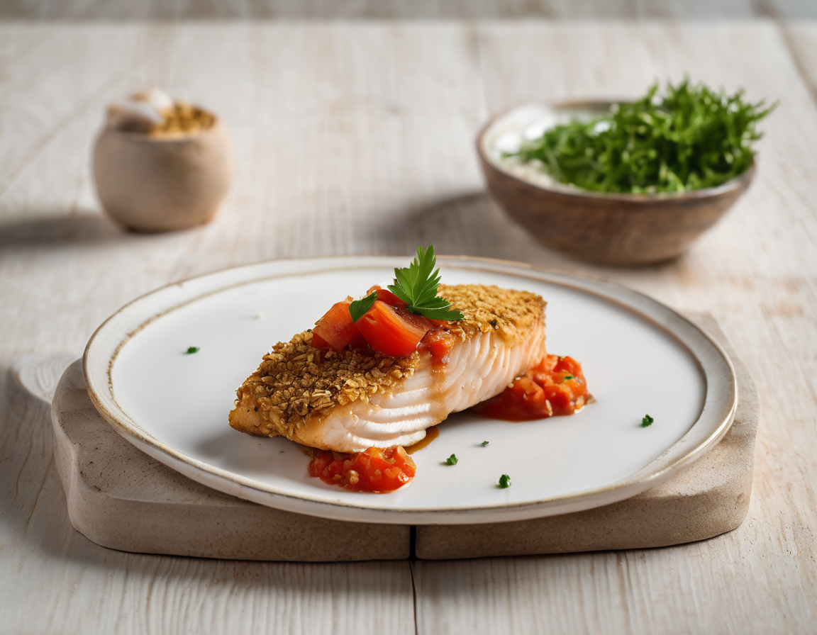 Filete de Pescado con Costra de Avena y Salsa de Tomate Latino