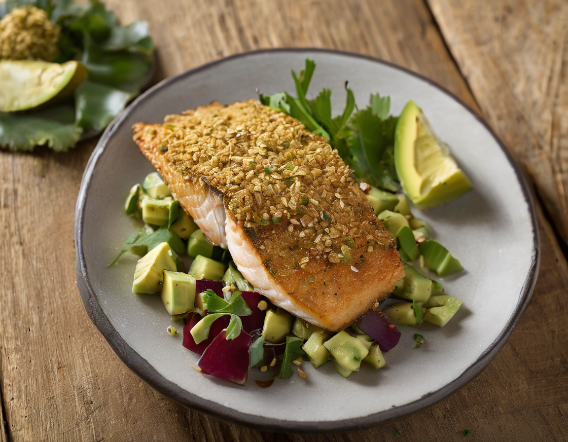 Filete de Pescado con Costra de Avena y Ensalada de Aguacate