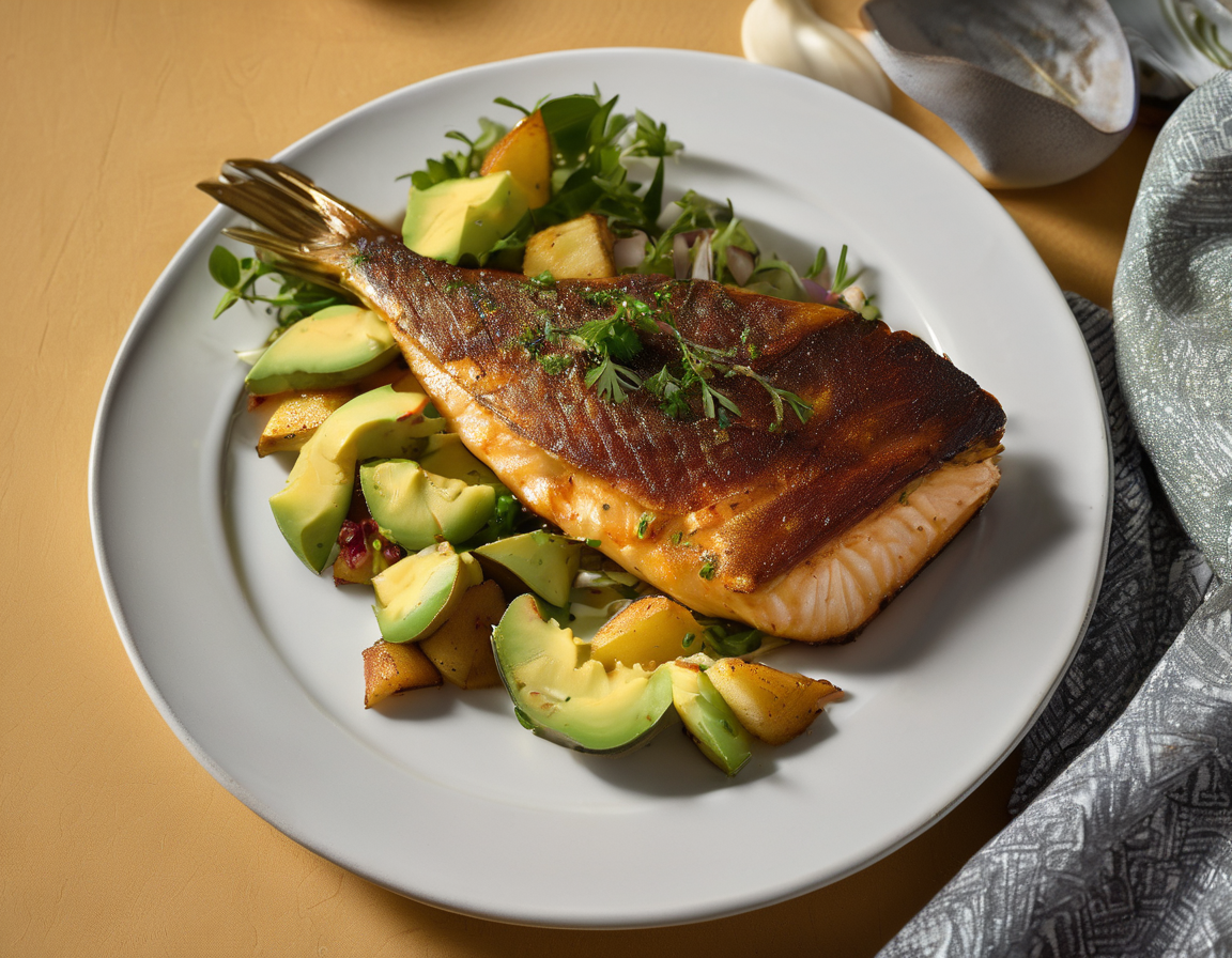 Pescado al Horno con Batatas Asadas y Ensalada de Aguacate