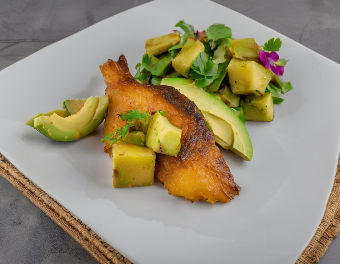 Pescado al Horno con Batatas Asadas y Ensalada de Aguacate