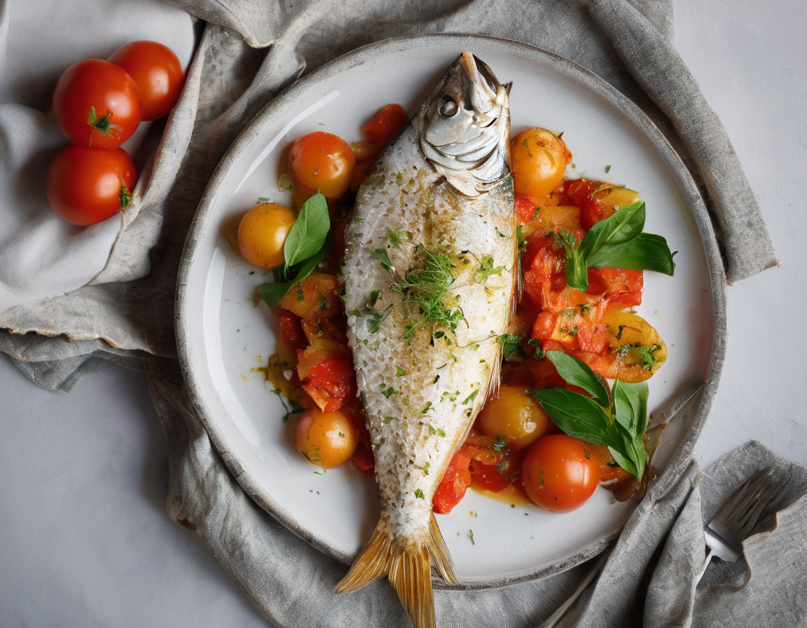 Pescado al Horno con Tomate y Verduras Altas en Fibra