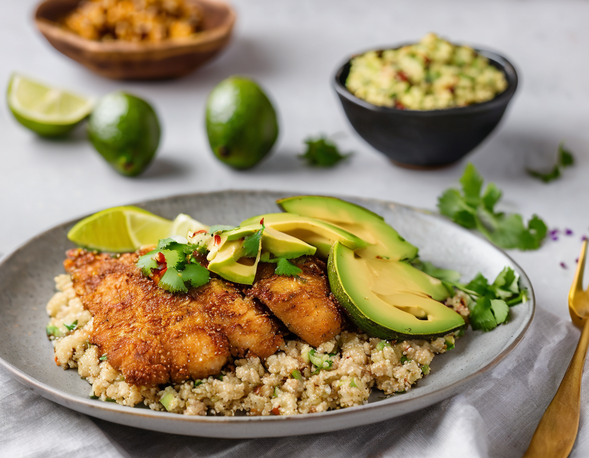 Pollo y Pescado al Ajillo con Quinoa y Aguacate