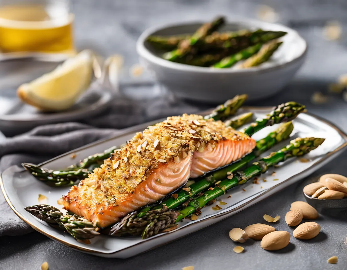 Salmón Horneado con Costra de Almendras y Espárragos Asados