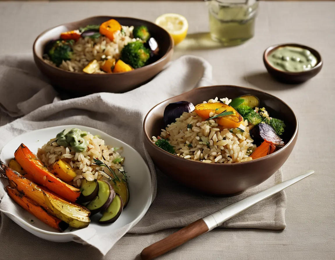 Bowl de Arroz Integral Rico en Fibra con Verduras Asadas y Aderezo de Limón y Hierbas