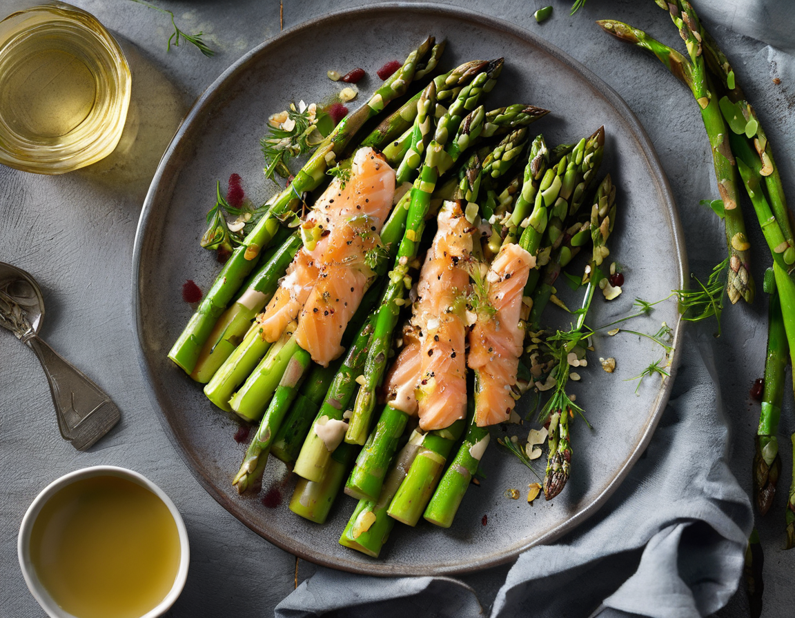 Ensalada de espárragos a la parrilla con salmón y aderezo de jarabe de arce