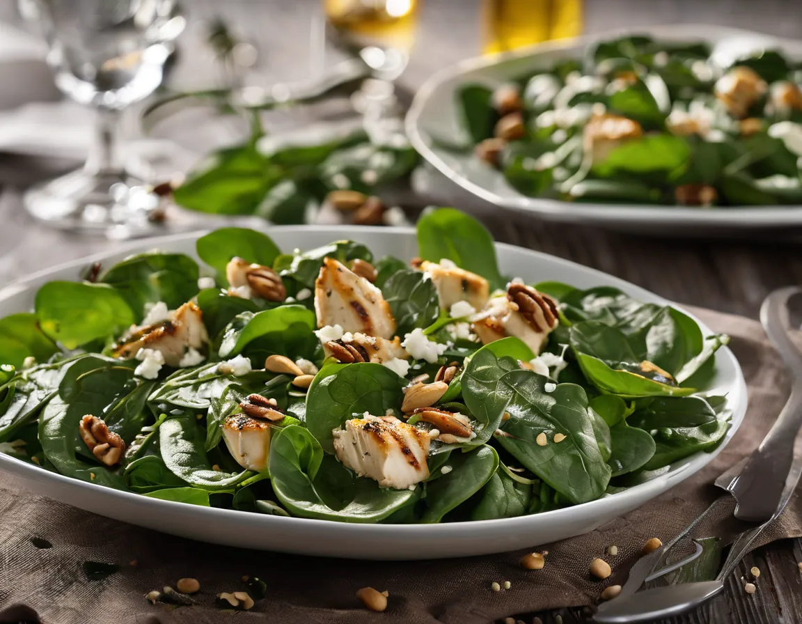 Ensalada de Espinacas con Pollo a la Parrilla y Piñones