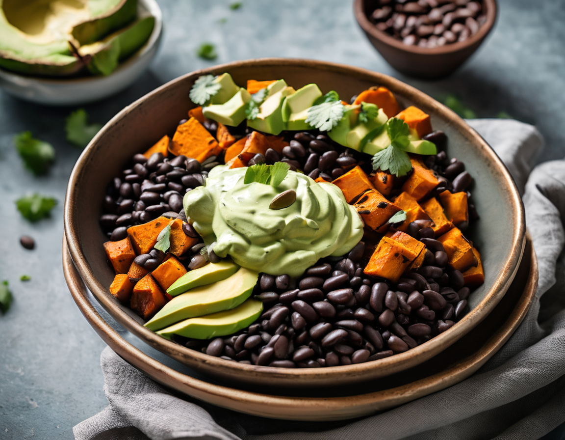 Bol de Batata Asada y Frijoles Negros con Crema de Aguacate