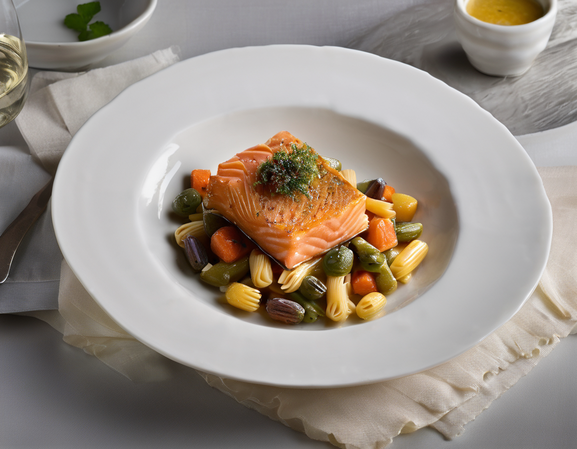 Pasta de trigo integral con verduras asadas y salmón canadiense