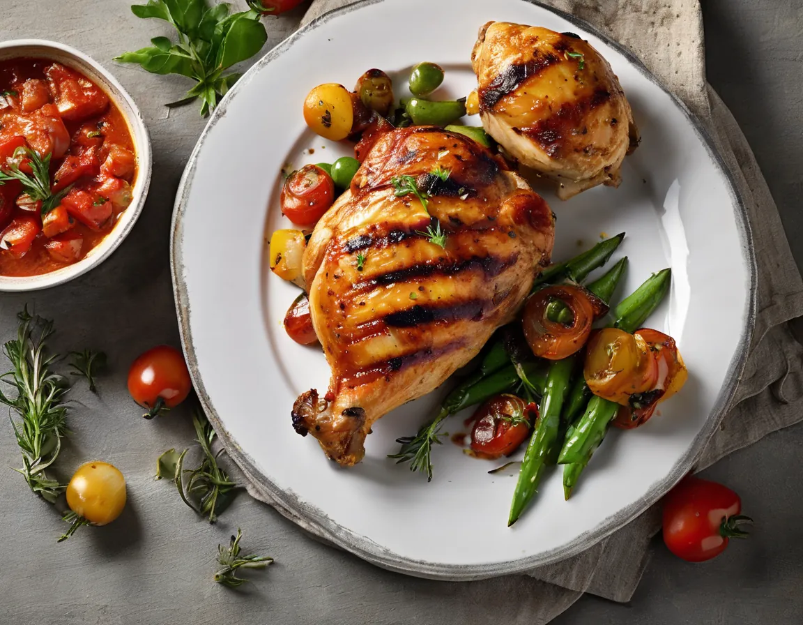 Pollo a la Parrilla con Verduras al Horno y Salsa de Tomate Fresco