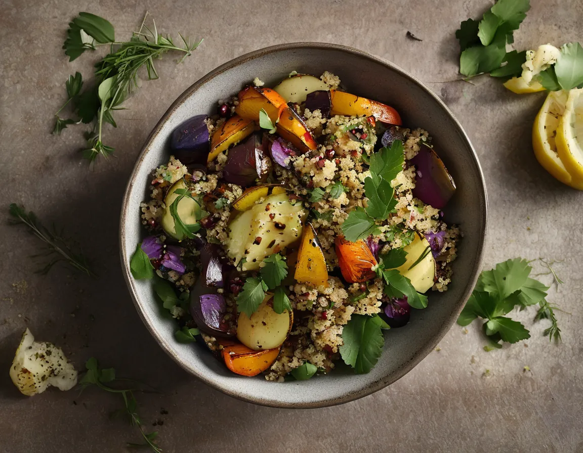 Bol de Quinoa Bajo en Fructosa con Verduras Asadas y Aliño de Limón y Hierbas