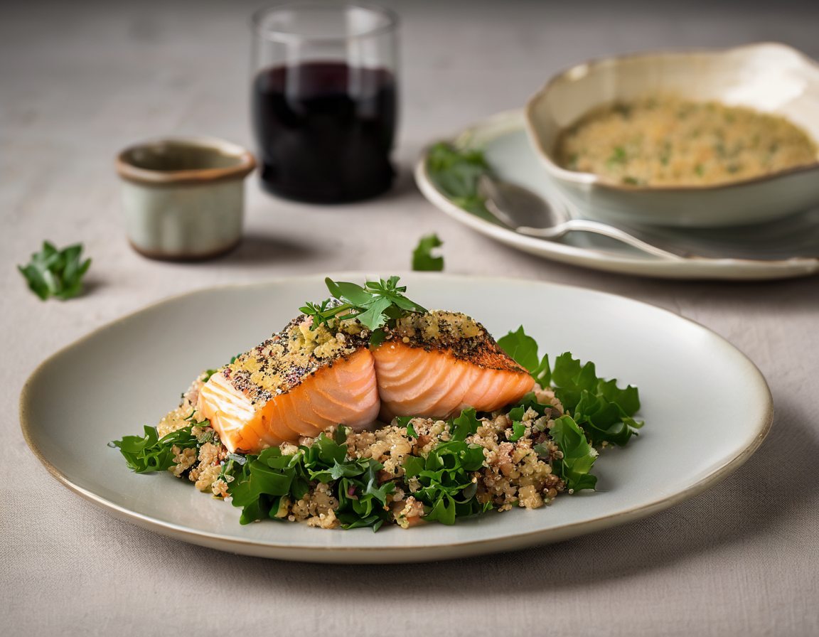 Salmón con Farofa de Quinoa y Col Rizada, al Estilo Brasileño