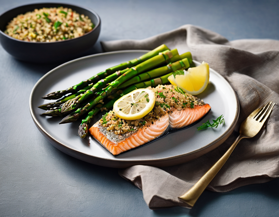 Salmón al Horno con Quinoa de Limón y Hierbas y Espárragos al Vapor