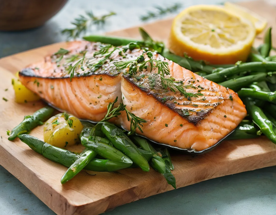 Filete de Salmón Salteado con Hierbas Frescas y Verduras Verdes