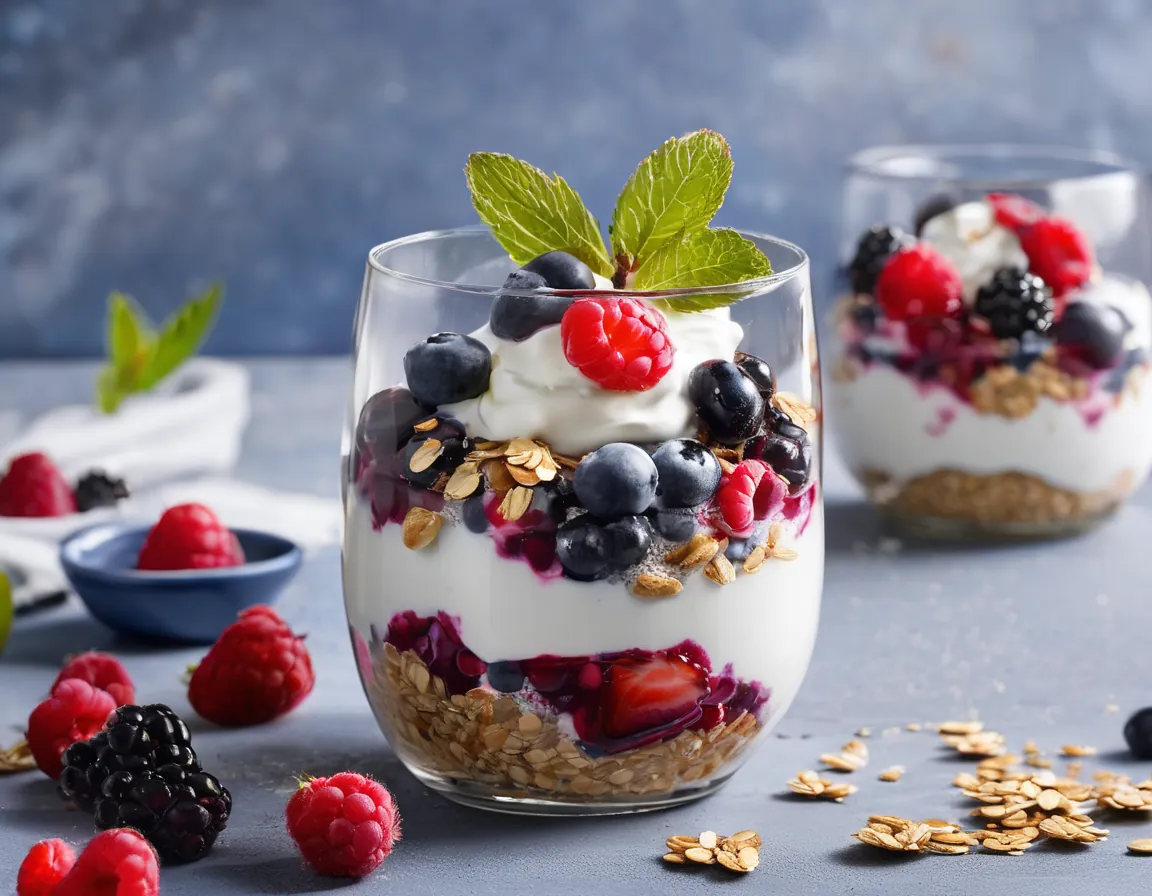 Parfait de Yogur Griego con Bayas, Avena y Chía