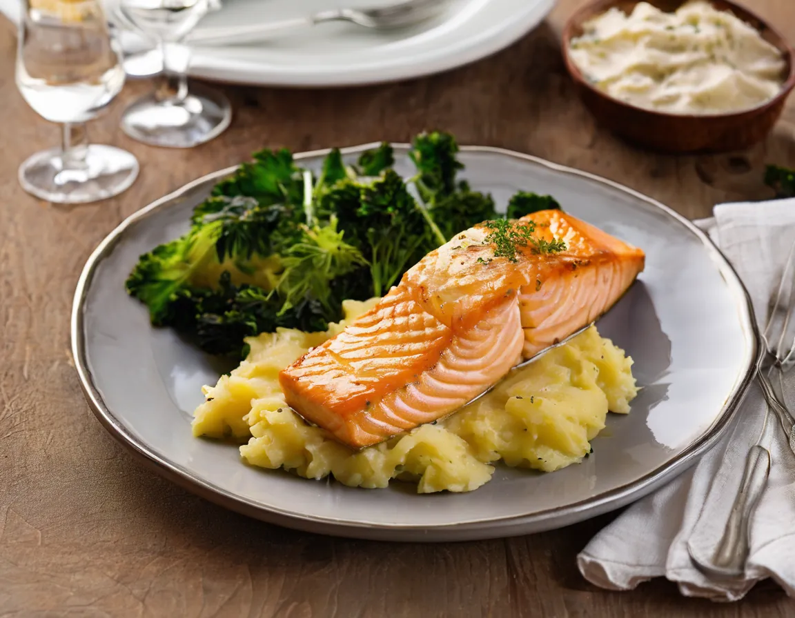 Baked Salmon with Sweet Potato Purée and Collard Greens Adaptado para SII Síndrome de Intestino Irritable