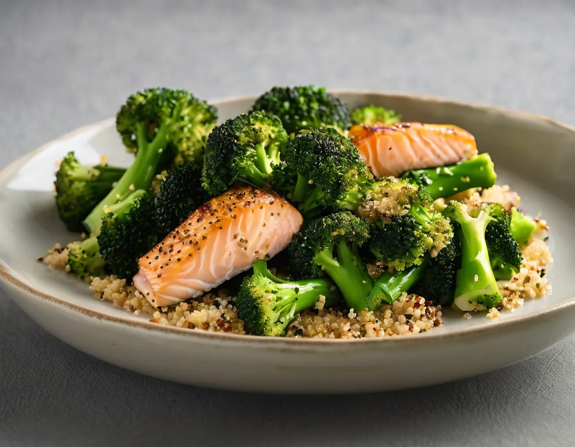 Brócoli Asado a la Francesa con Quinoa y Salmón Adaptado para Diabetes T2