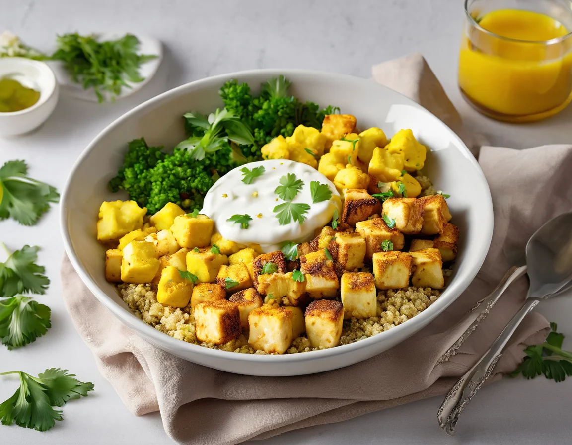 Tofu al Horno con Puré de Coliflor al Azafrán