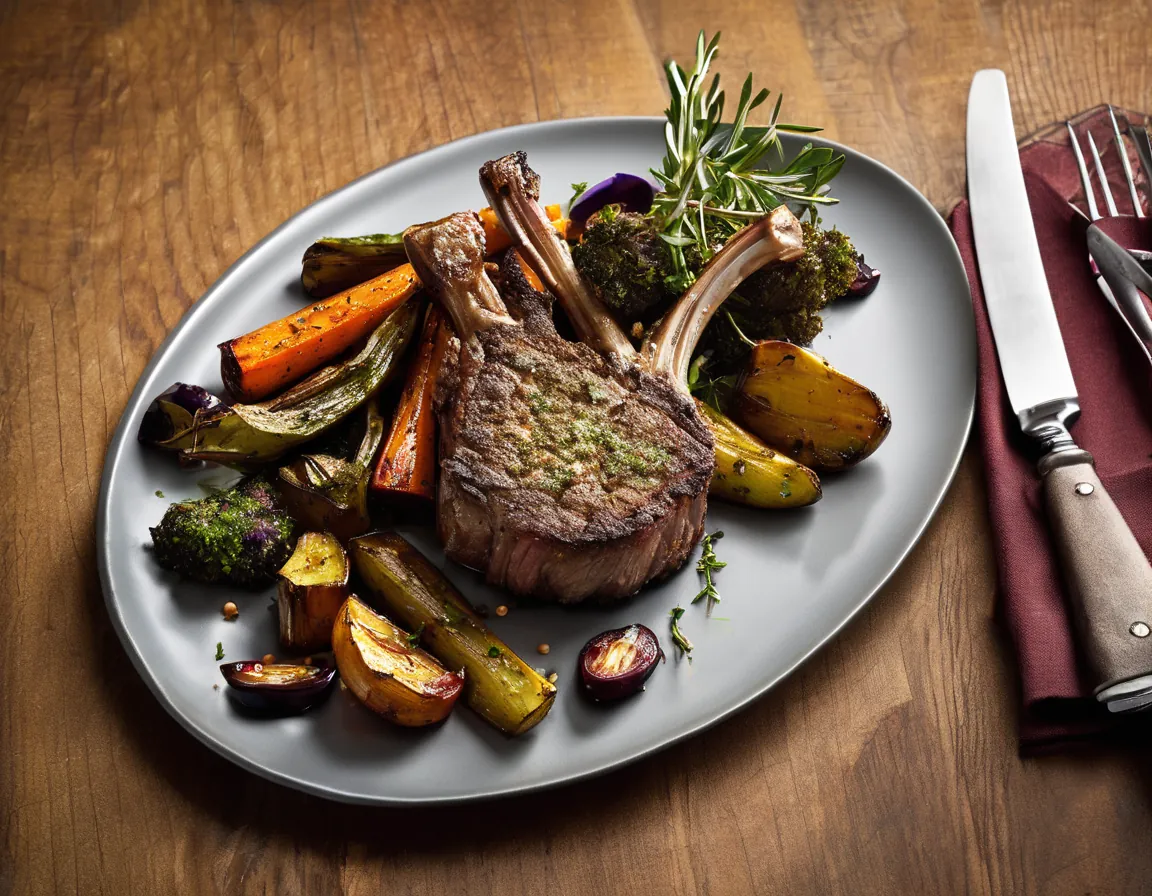 Chuletas de Cordero con Costra de Hierbas y Verduras Asadas