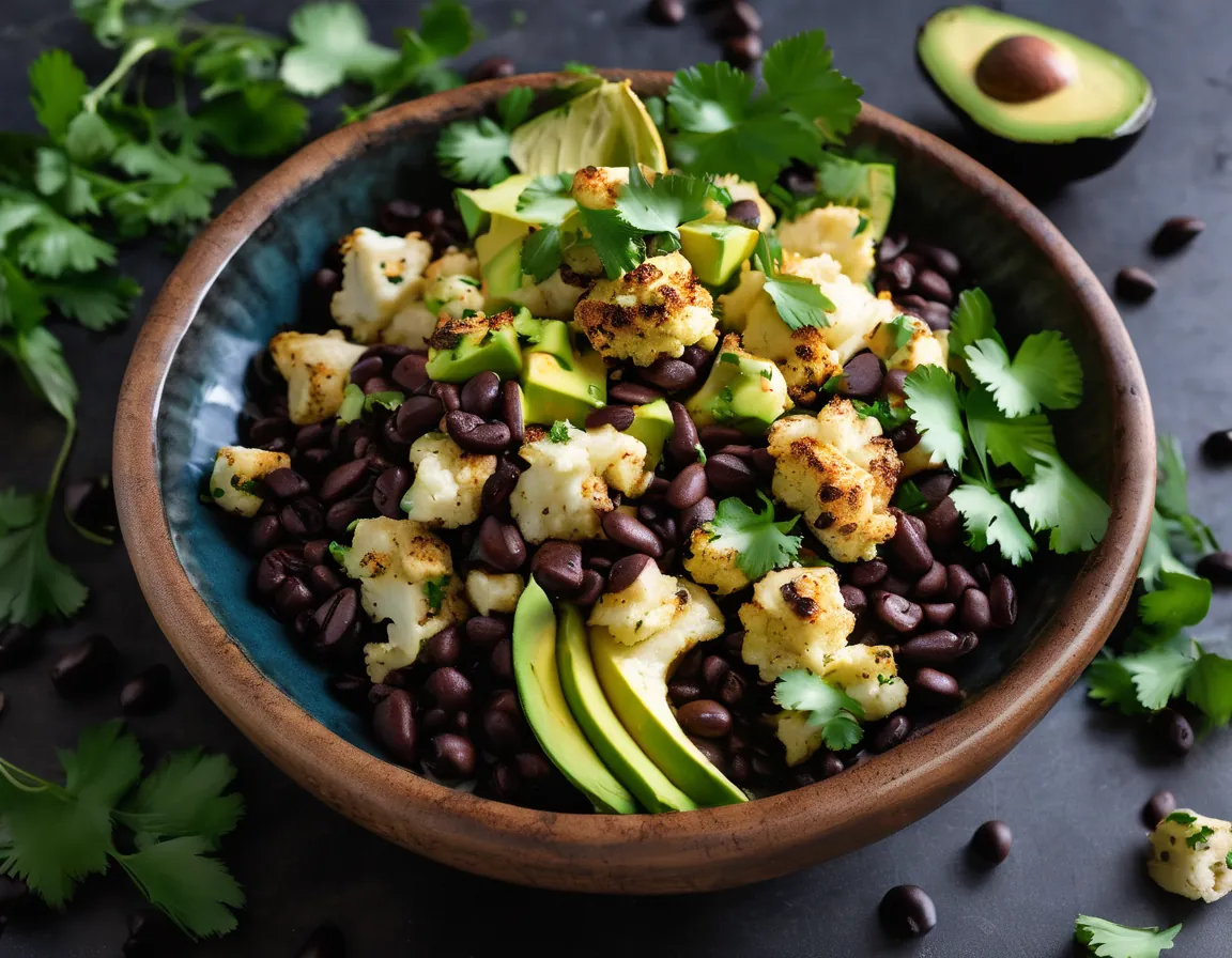 Coliflor Asada con Frijoles Negros y Aguacate Adaptado para Constipación Crónica