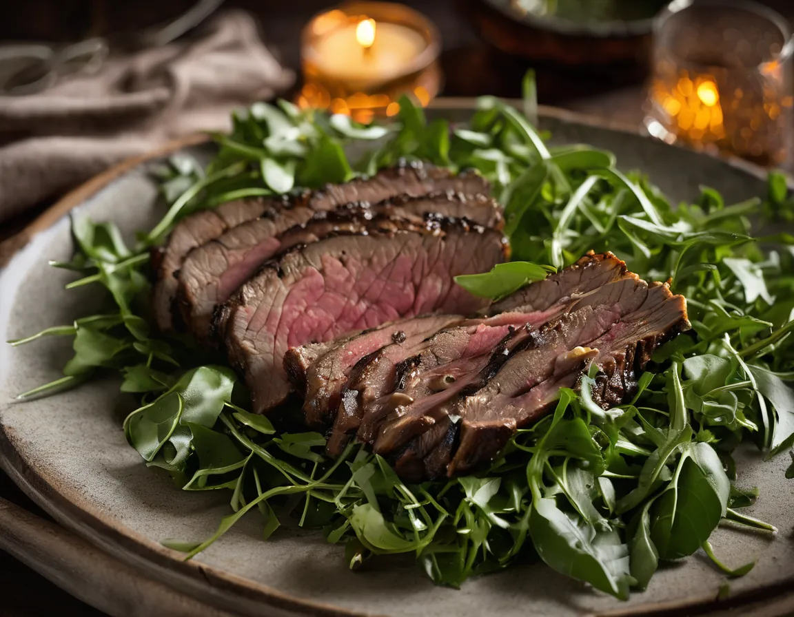 Cordero Asado con Ensalada de Rúcula Suave