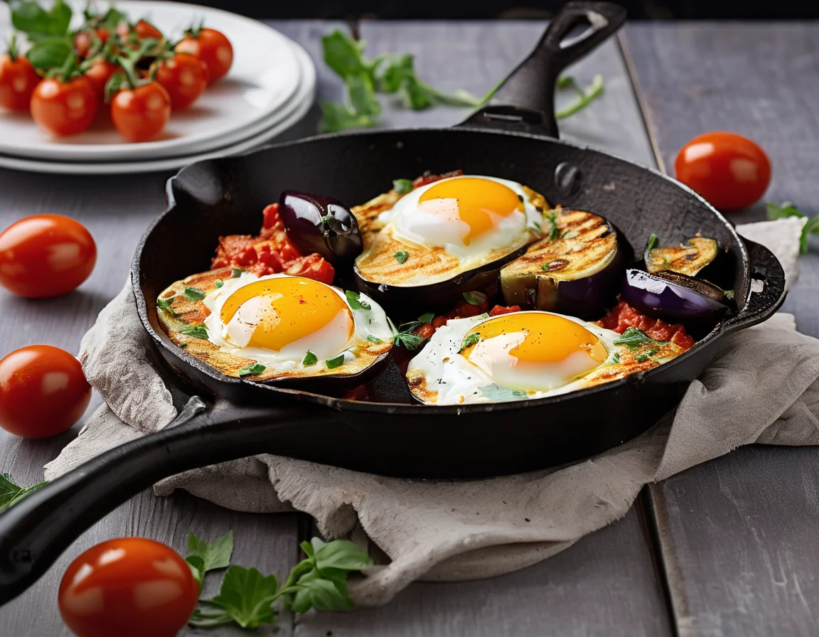 Huevos en Sartén con Berenjena a la Parrilla y Salsa de Tomate Ligera