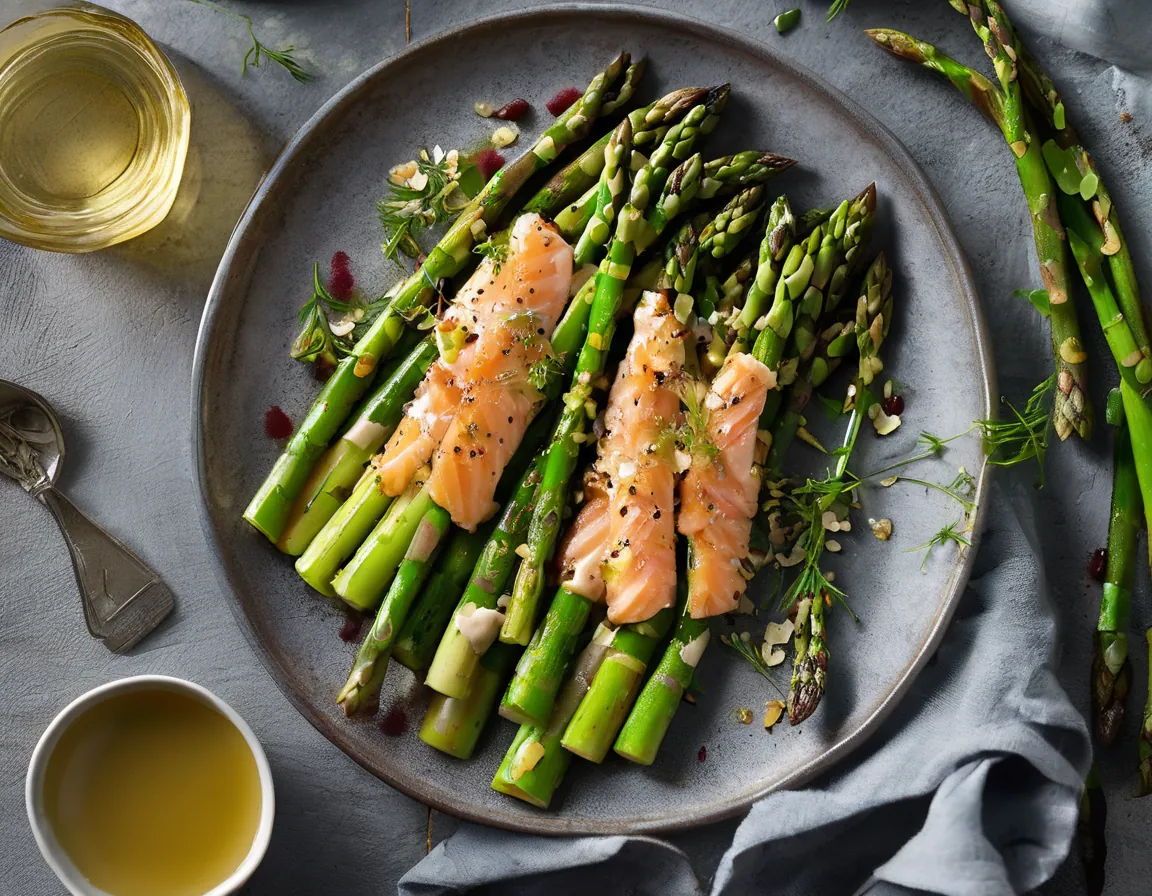 Ensalada de espárragos a la parrilla con salmón y aderezo de jarabe de arce