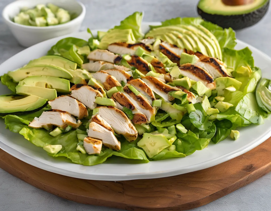 Ensalada de Lechuga Suave con Aguacate y Pollo a la Parrilla