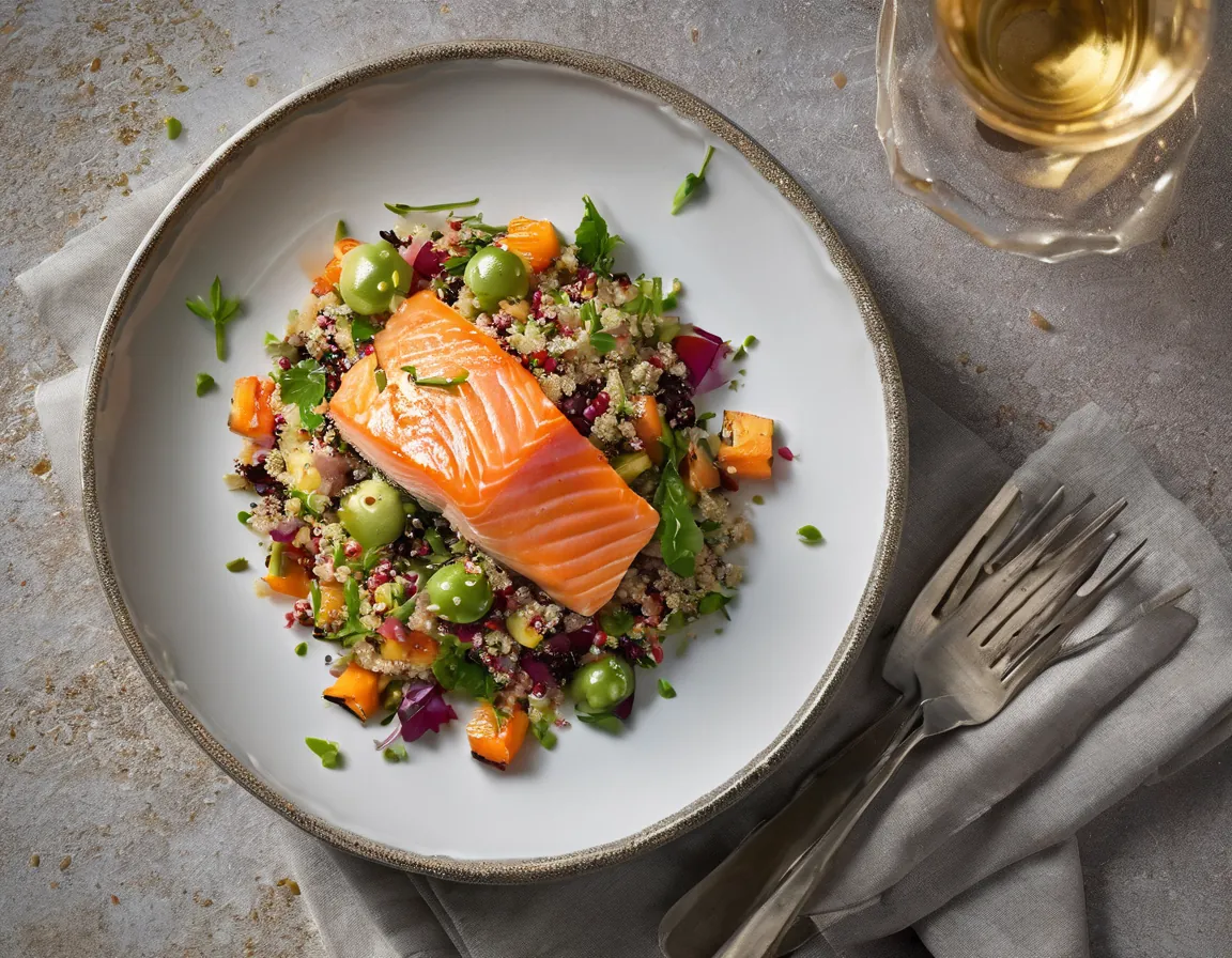 Ensalada de Quinoa con Verduras Asadas y Salmón Adaptado para Diabetes T2