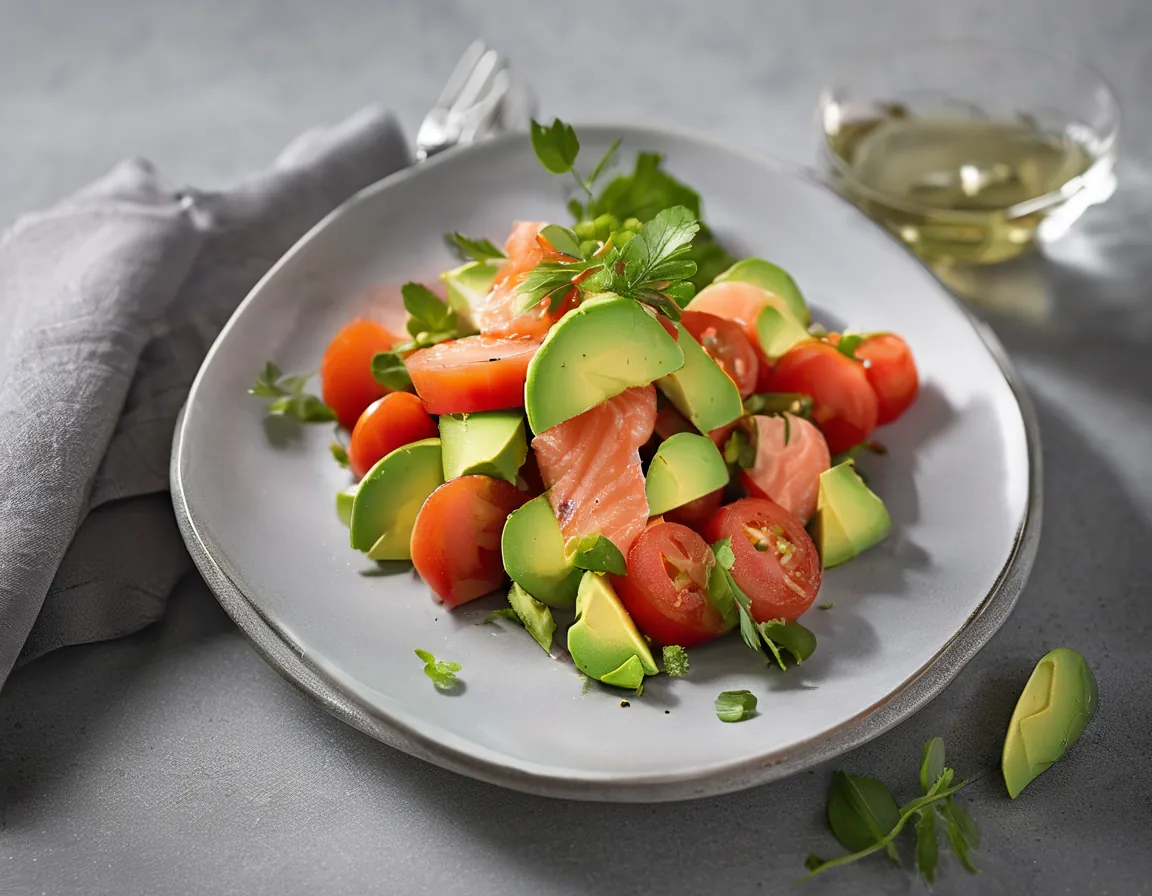 Ensalada de Tomates Canadiense con Salmón y Aguacate Adaptado para Hipertensión