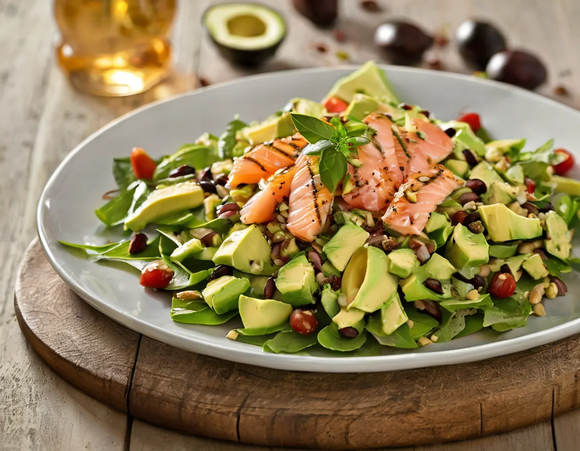 Ensalada Mediterránea de Aguacate con Salmón a la Plancha