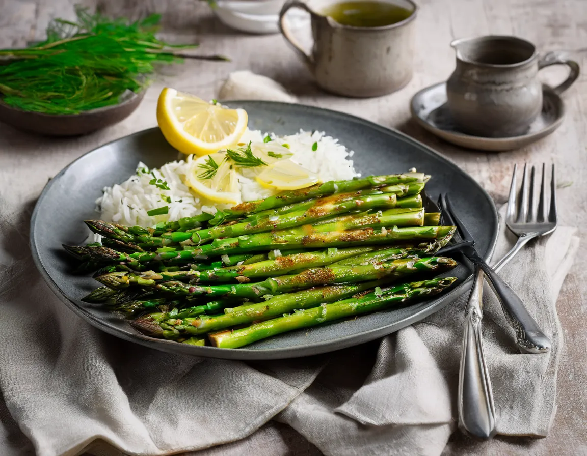 Espárragos a la Parrilla con Arroz Basmati y Salsa de Limón Low-FODMAP