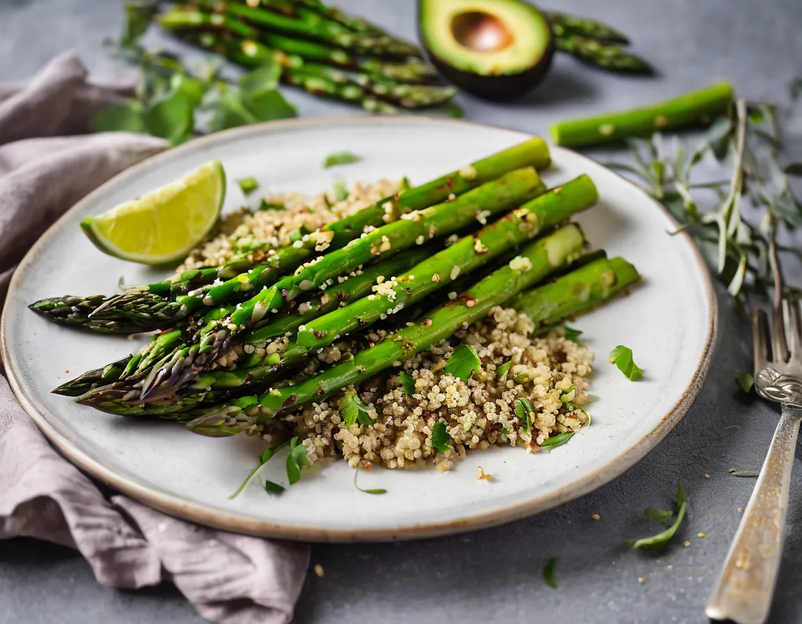 Espárragos a la Parrilla con Quinoa y Aguacate Adaptado para SIBO Síndrome de Bacterias Intestinales Irritantes