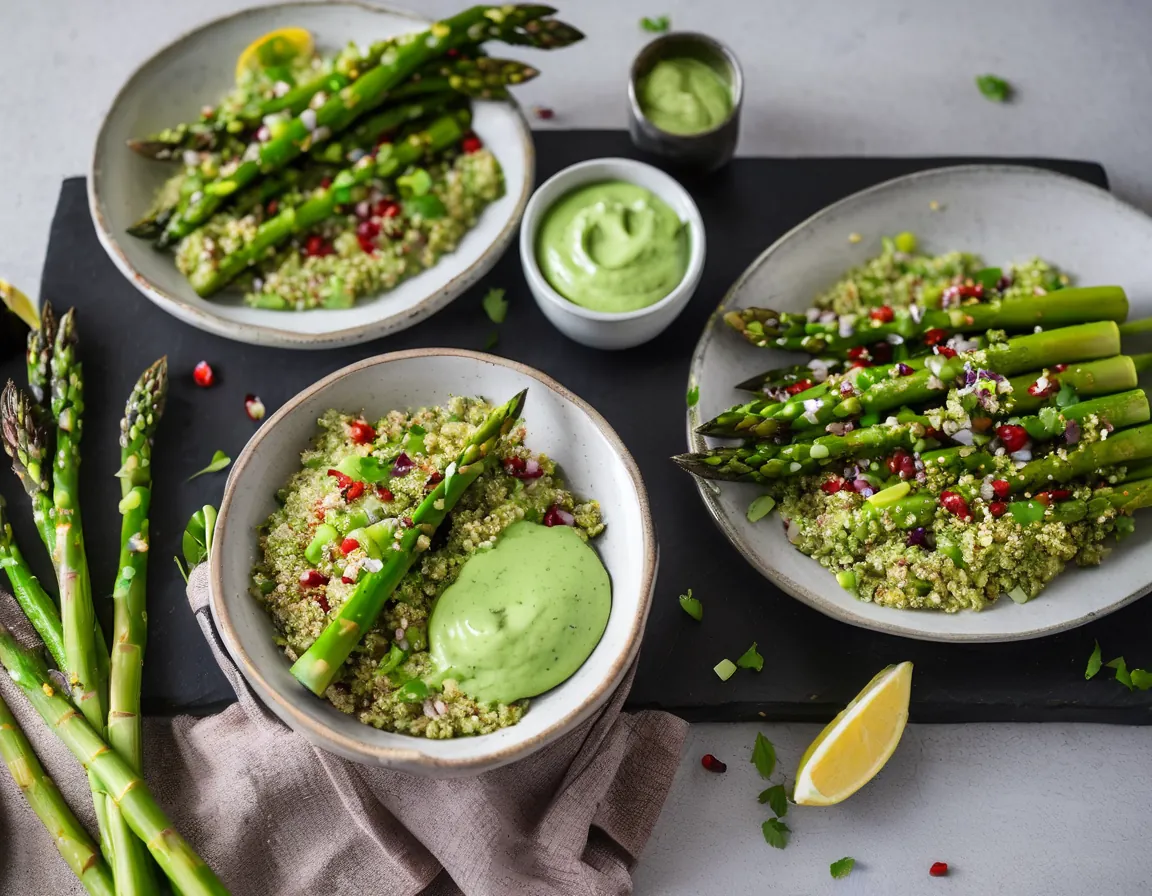 Espárragos a la Parrilla con Salsa de Aguacate y Quinoa