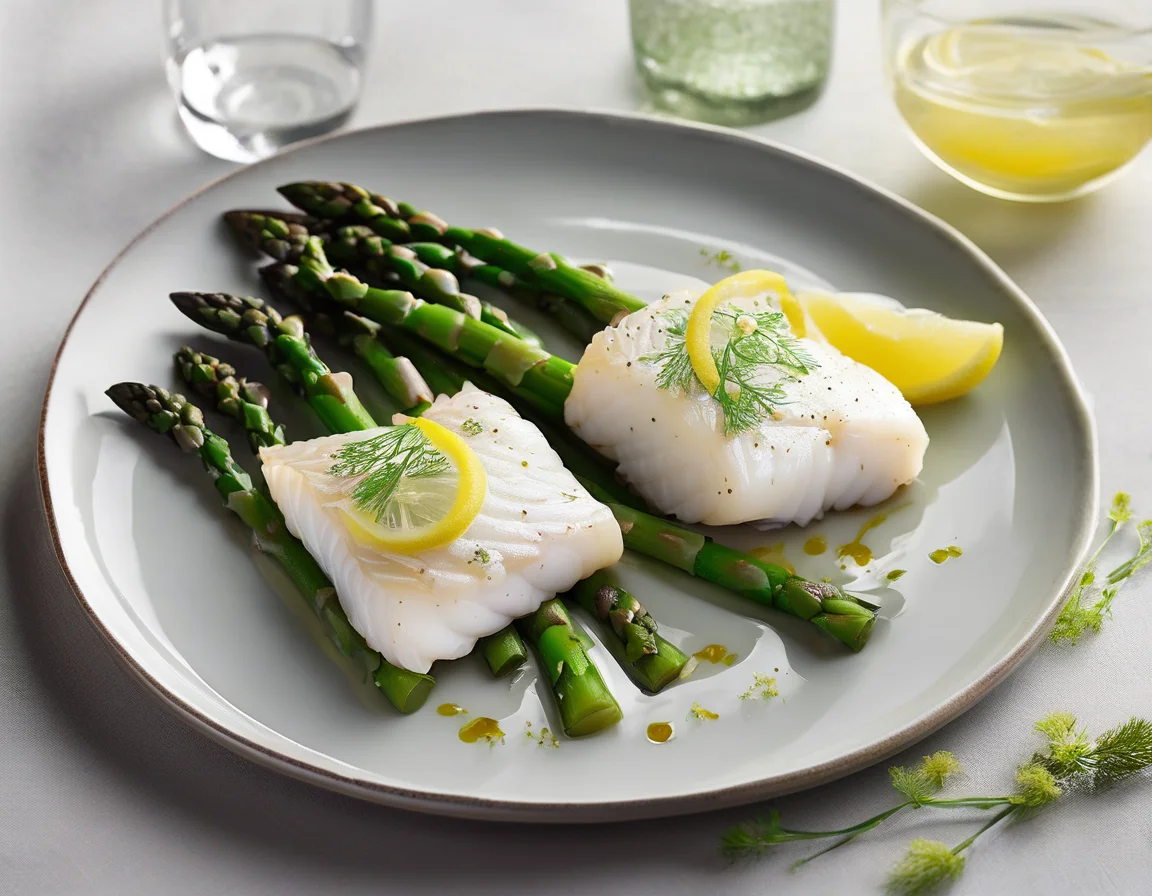 Merluza al Vapor con Espárragos Verdes y Puré de Patatas Suave
