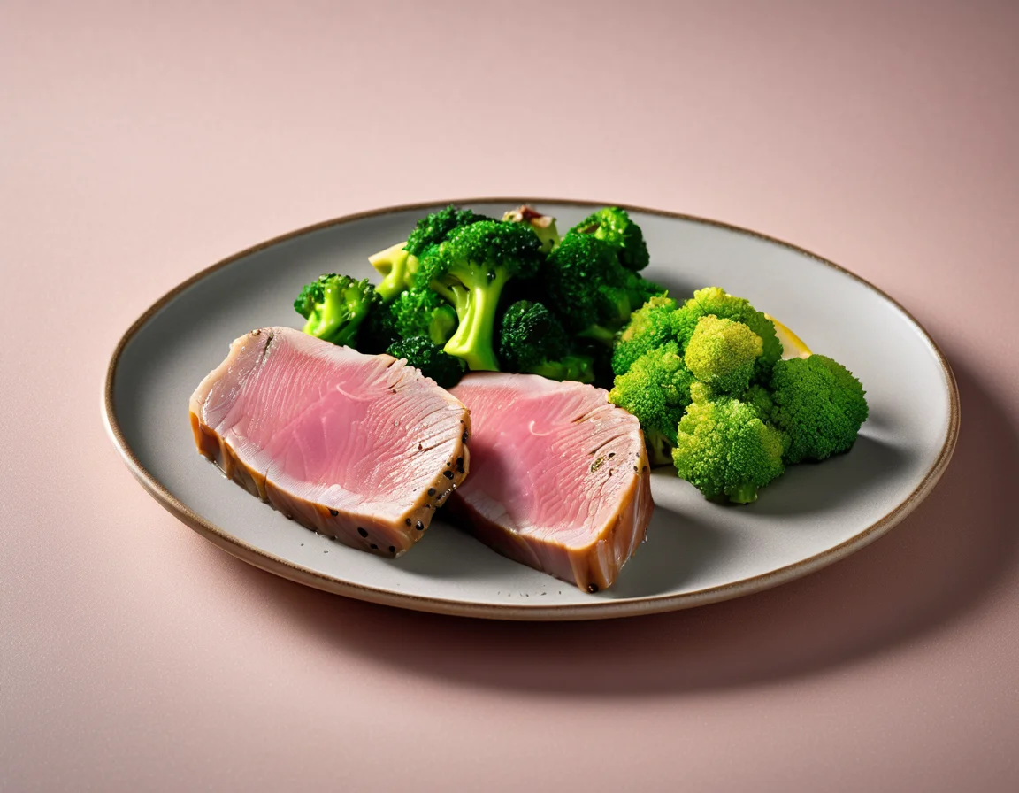Atún a la Plancha con Brócoli al Vapor y Puré de Patatas Suave