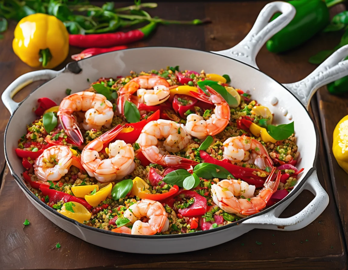 Gambas al Ajillo con Pimientos Asados