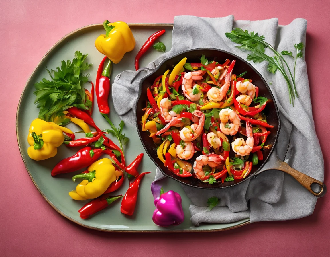 Gambas al Ajillo con Pimientos Asados