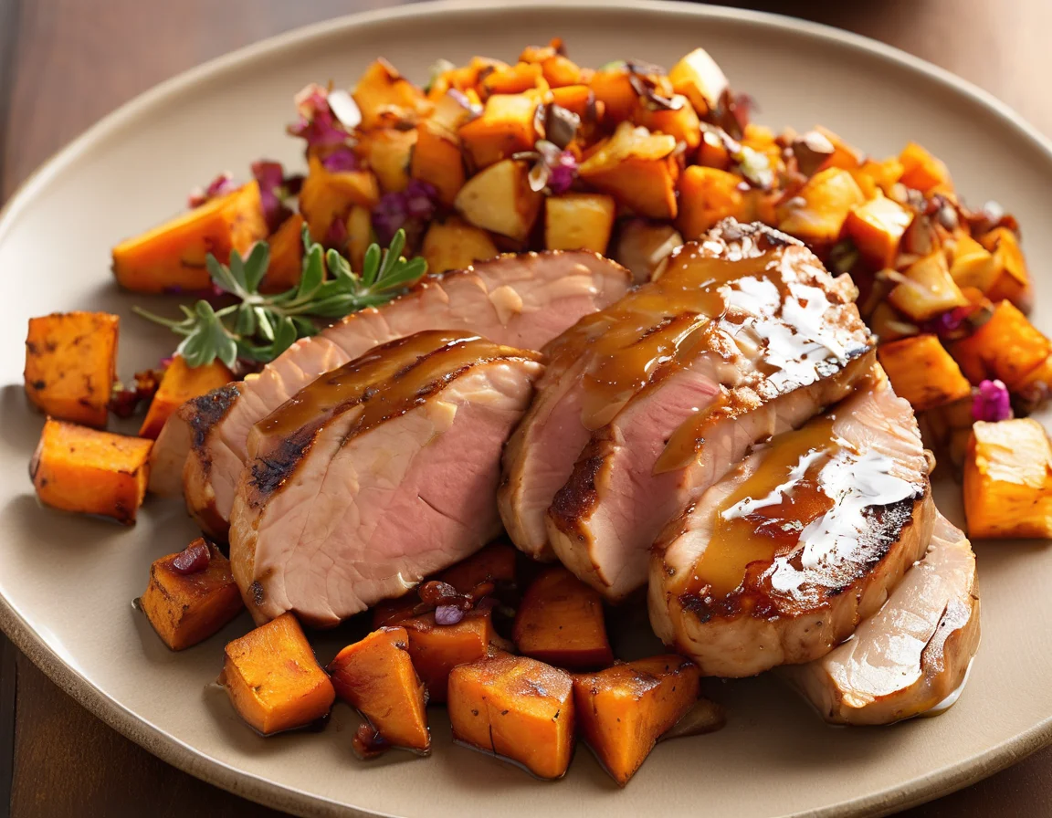 Lomo de Cerdo con Puré de Boniato y Espinacas al Jerez