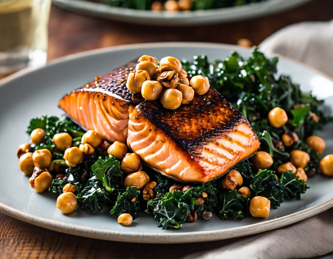 Salmón Glaseado con Arce y Ensalada de Garbanzos Asados y Kale