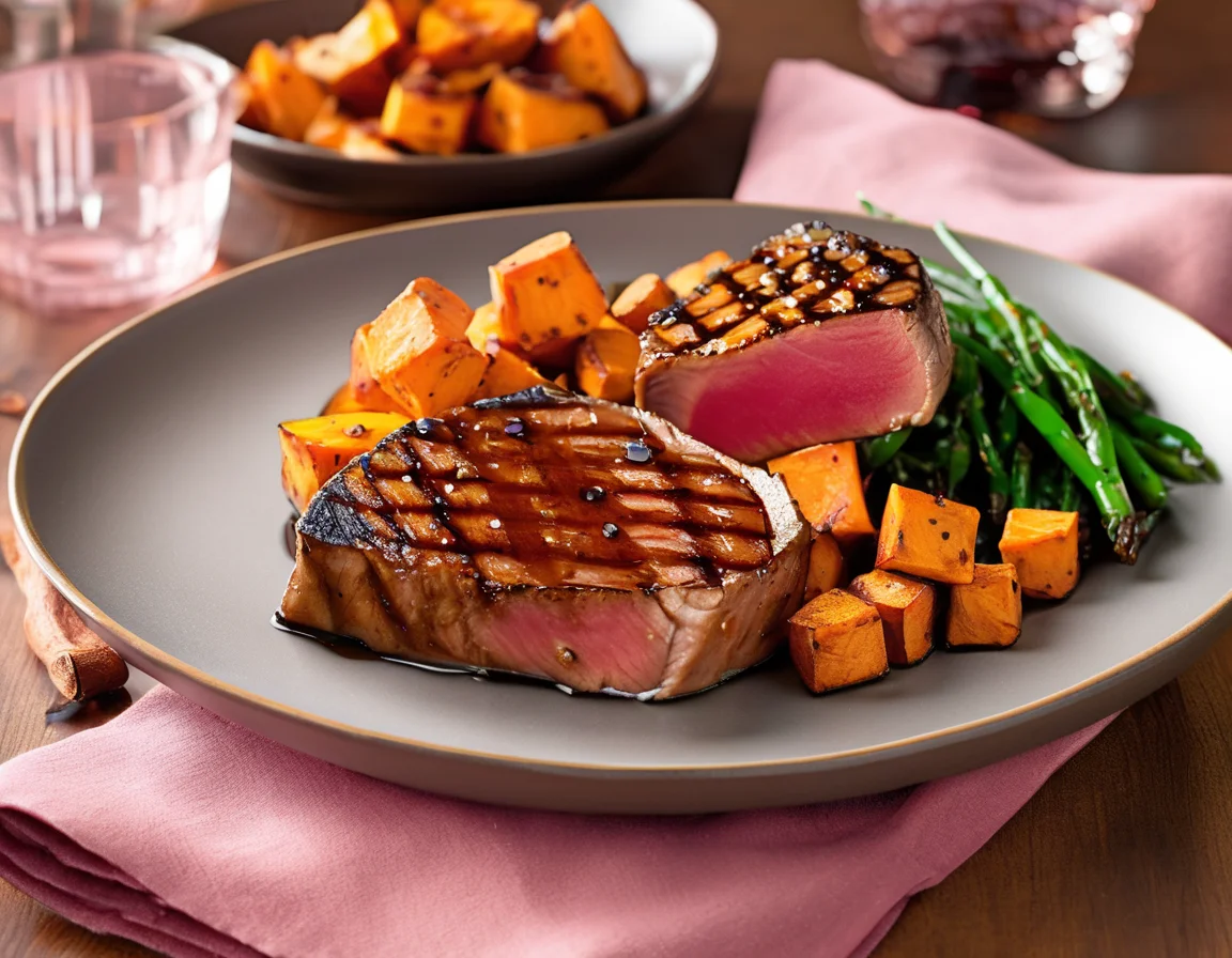 Atún a la Plancha con Puré de Boniato y Ensalada de Tomate