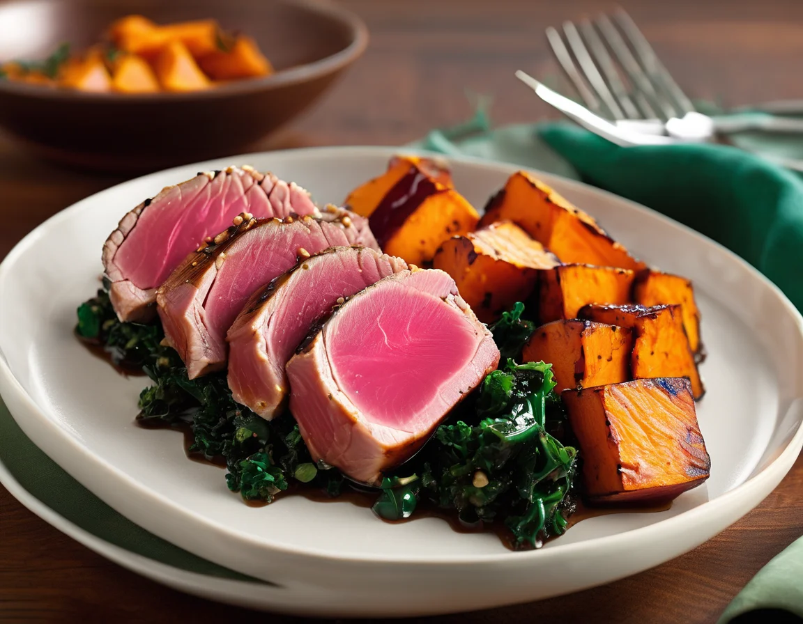 Atún con Puré de Boniato y Ensalada de Espinacas