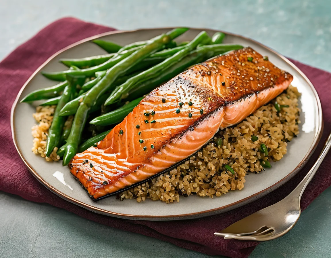 Salmón a la Plancha con Judías Verdes y Sofrito Mediterráneo