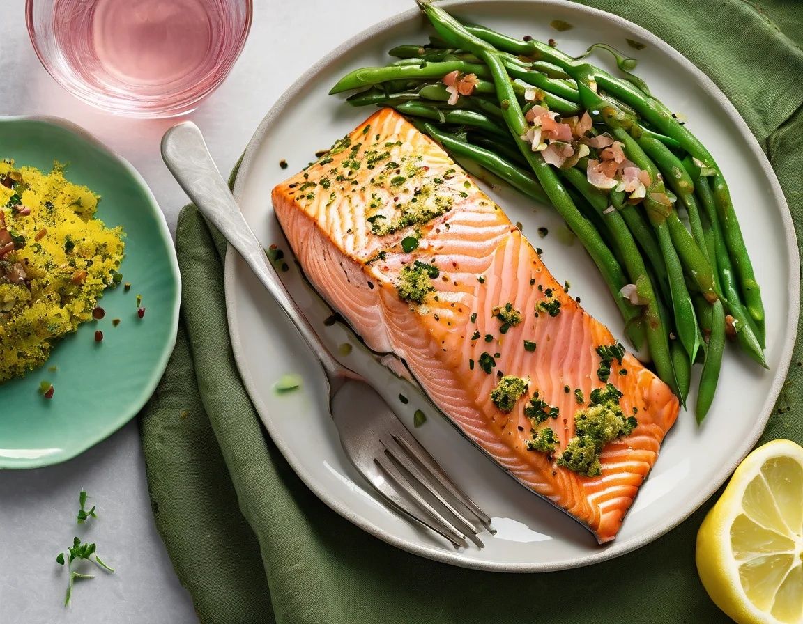 Salmón a la Plancha con Judías Verdes al Ajillo y Ensalada Mediterránea