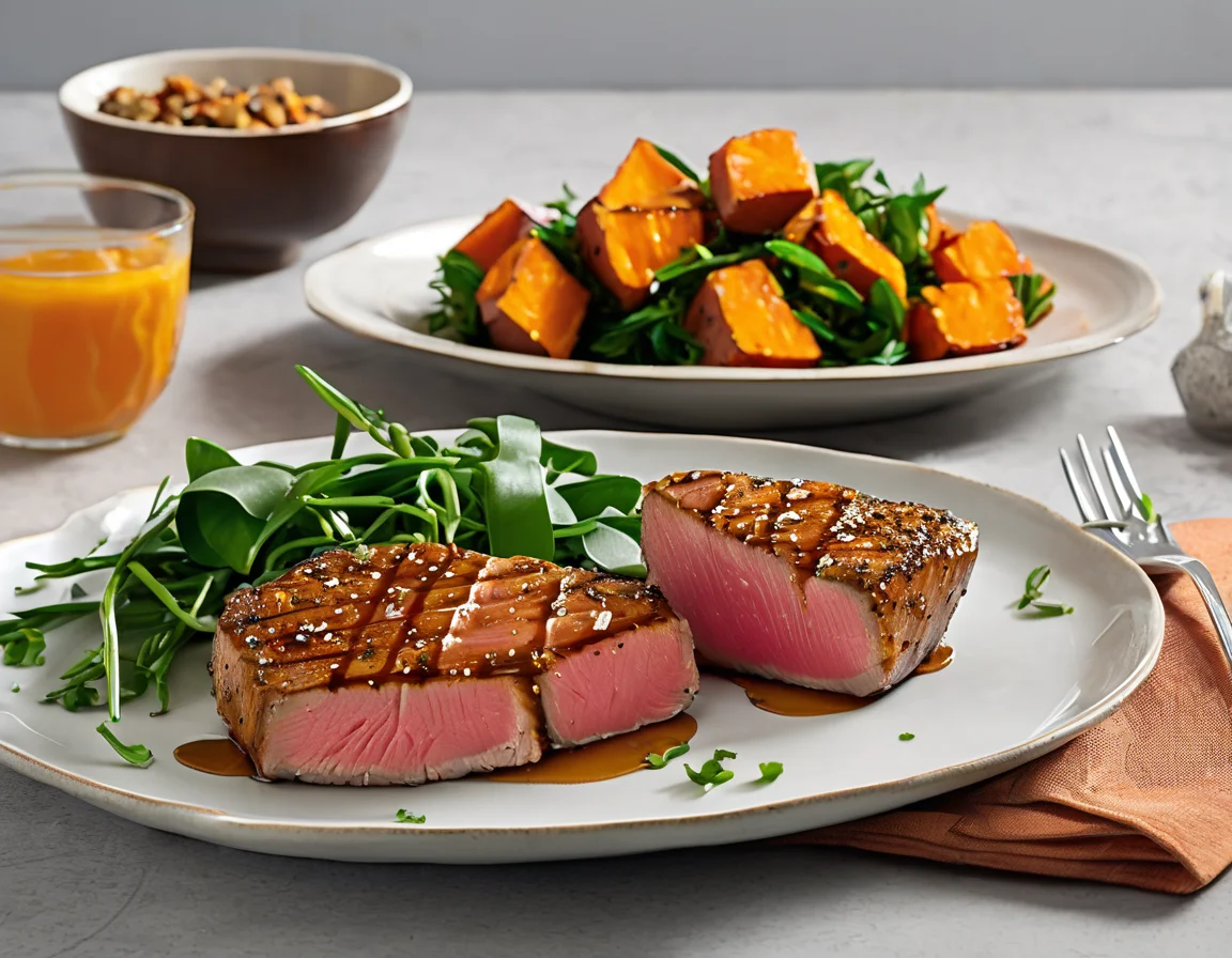 Filete de Atún con Puré de Boniato y Ensalada de Espinacas